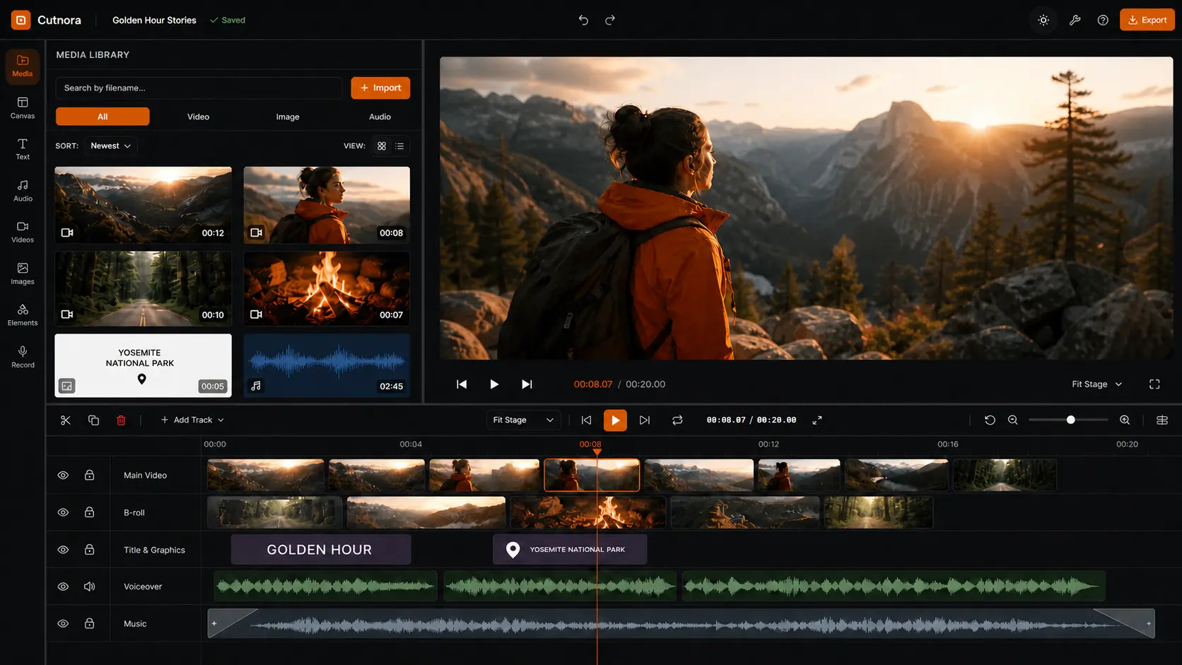 Cutnora dark editor with real travel footage, media assets, and a five-track timeline