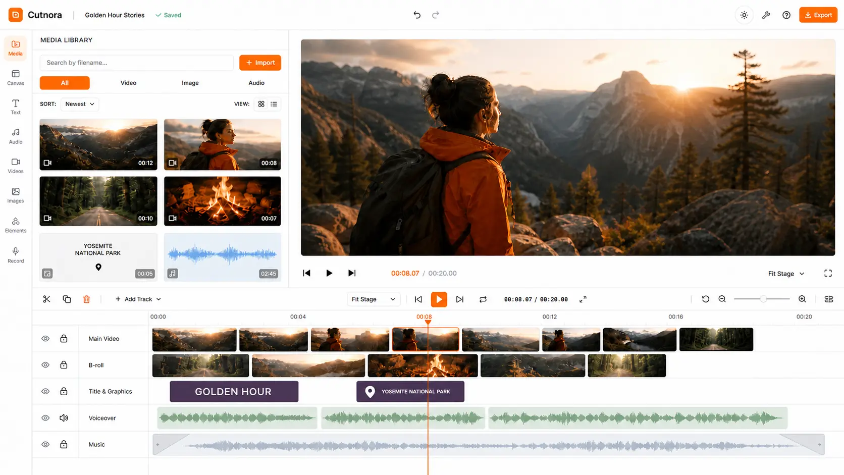 Cutnora editor with real travel footage, media assets, and a five-track timeline
